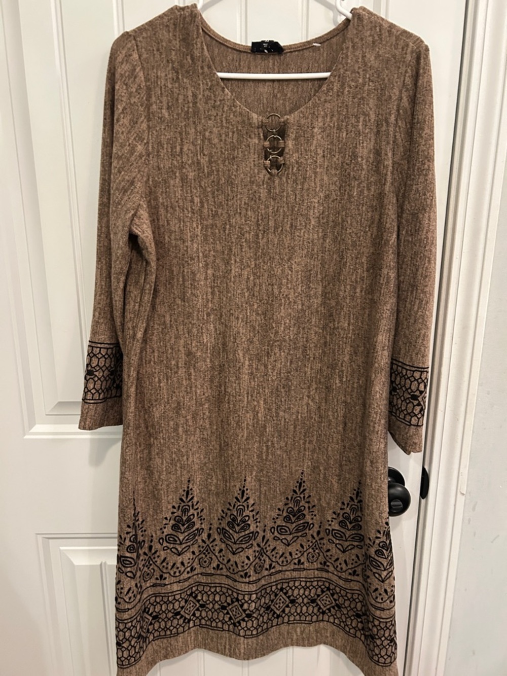Tacera Brown Long Sleeve Dress with Black Border Print